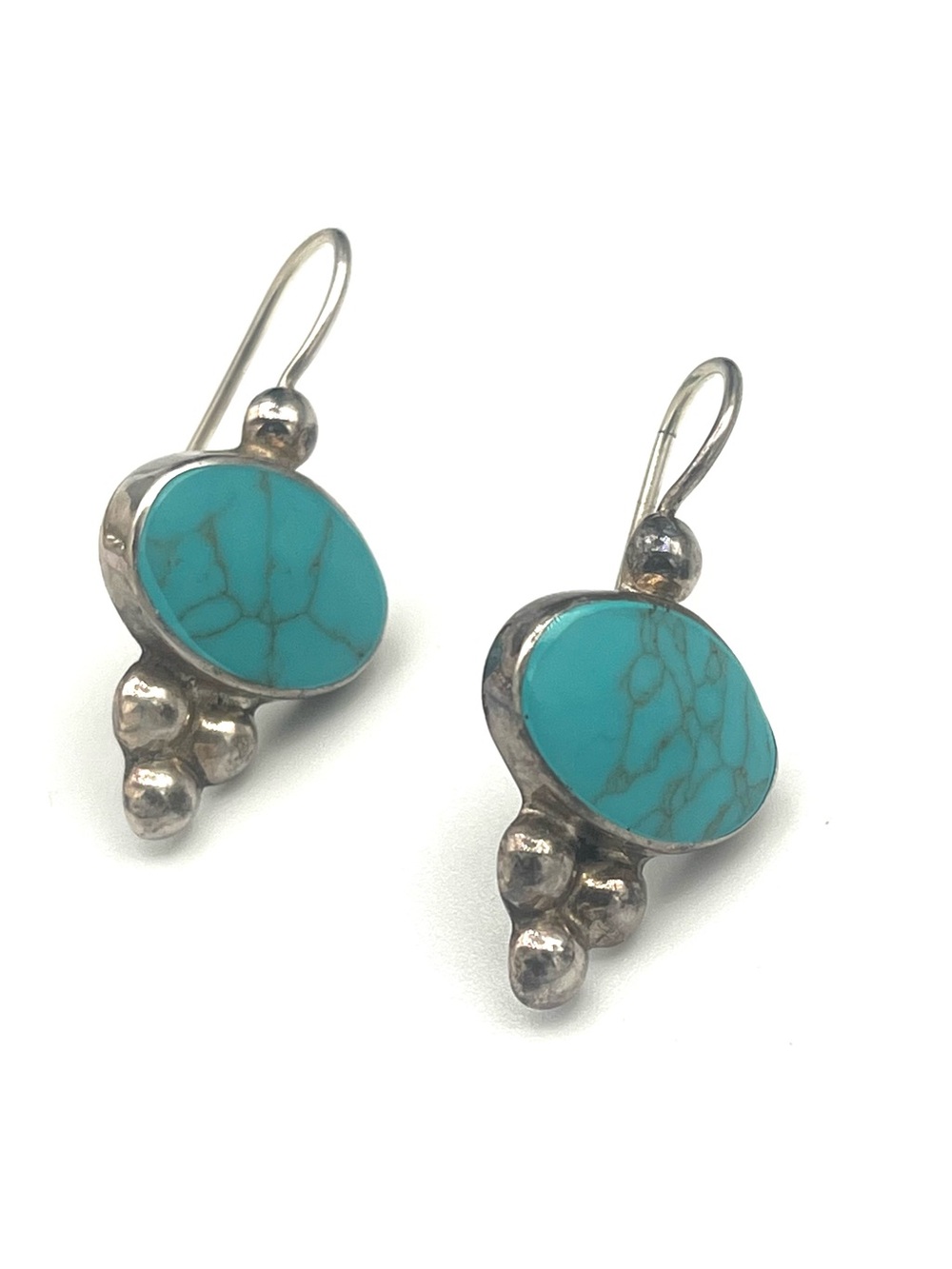 Vintage Turquoise Stone Drop Earrings - Solid Sterling Silver Settings
